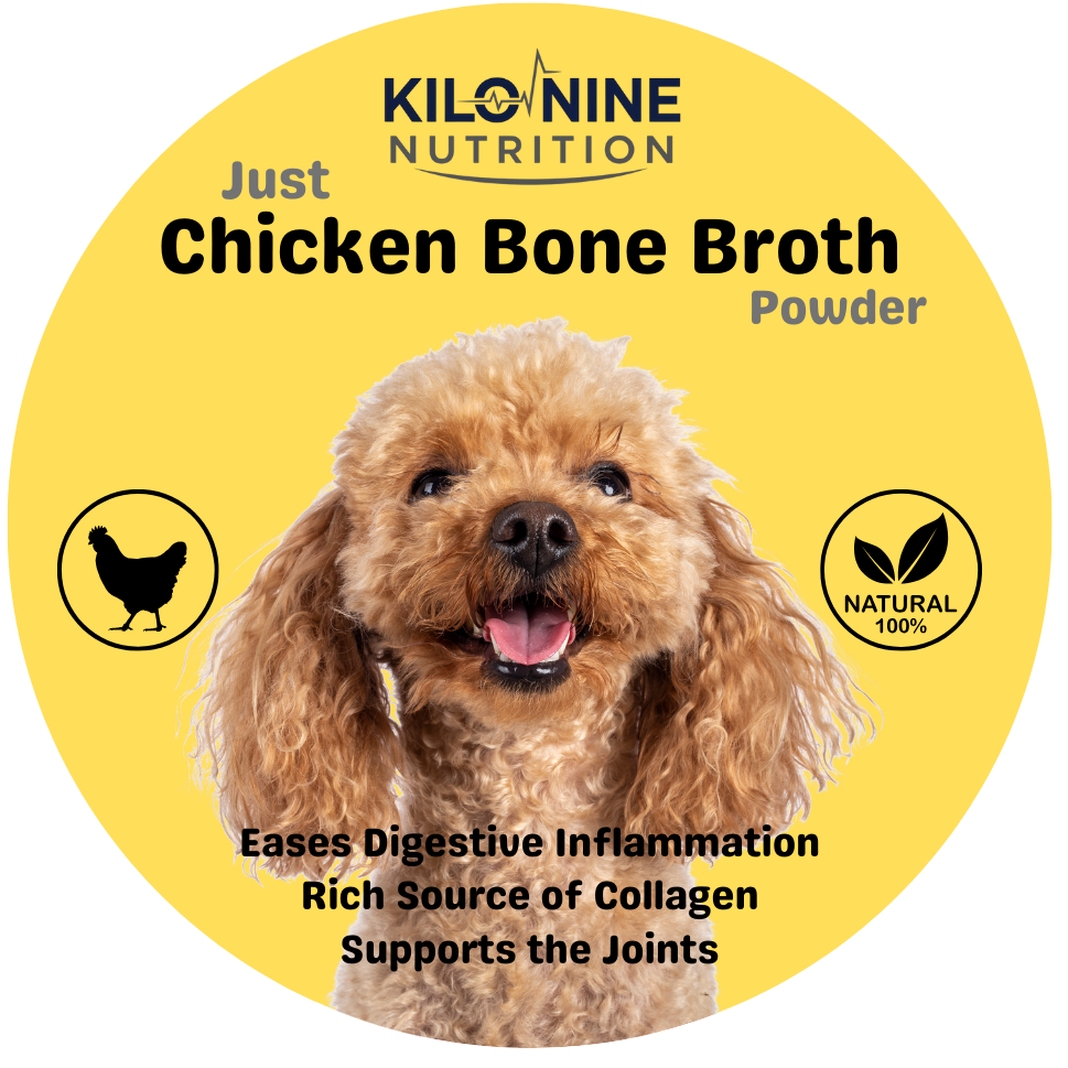 Kilonine Nutrition Chicken Bone Broth Powder label with a dog and product benefits on a yellow background